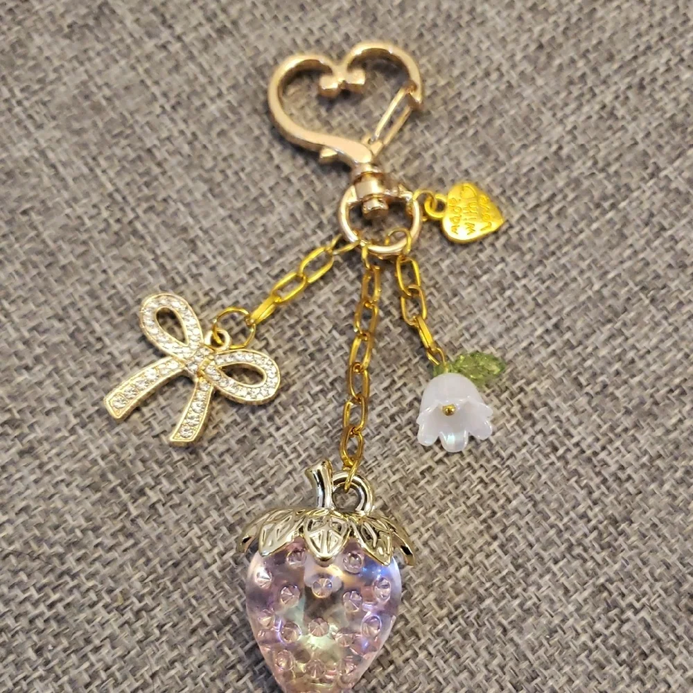 Gold and Pink Strawberry Bag Charm Keychain - Picture 2 of 4